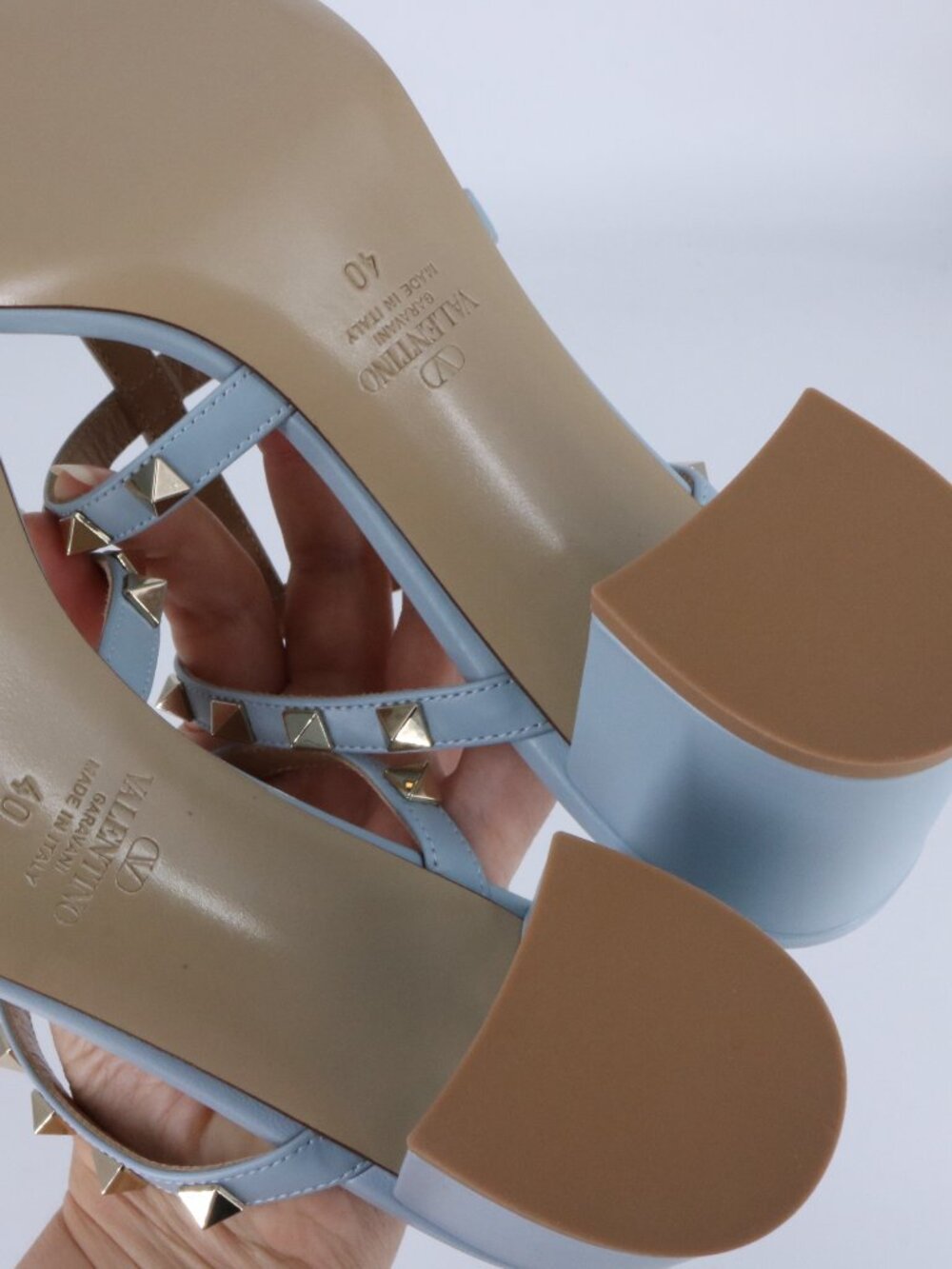 Valentino 40 Porcelain Blue Gold Cage Rockstud 60mm Classic Heels Sandals E938 - Picture 9 of 15